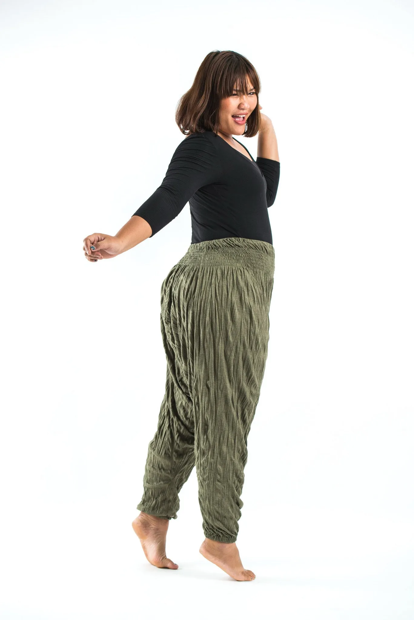 Plus Size Unisex Crinkled Cotton Harem Pants in Green