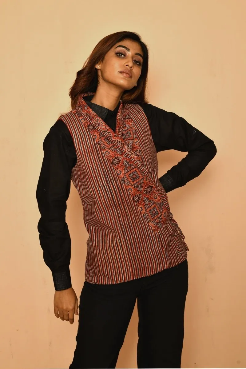 Red Cotton Ajhrak Shawl Jacket for Women