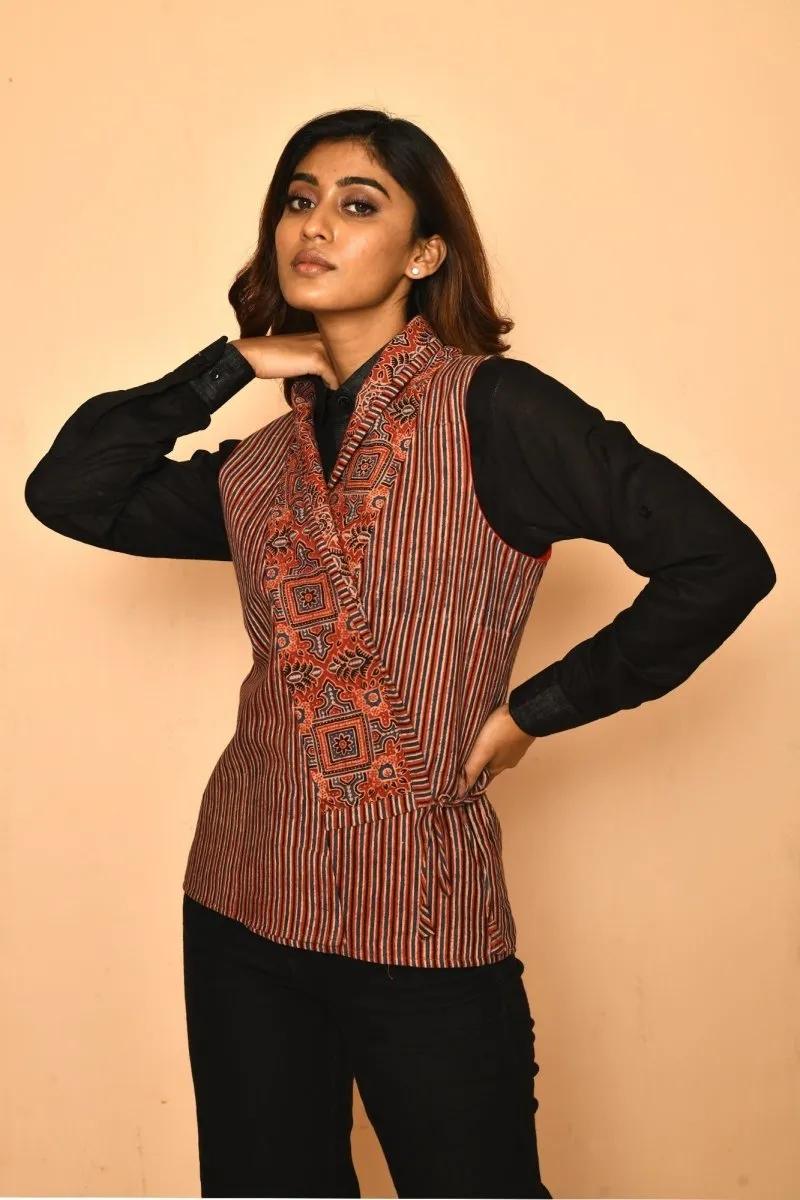 Red Cotton Ajhrak Shawl Jacket for Women