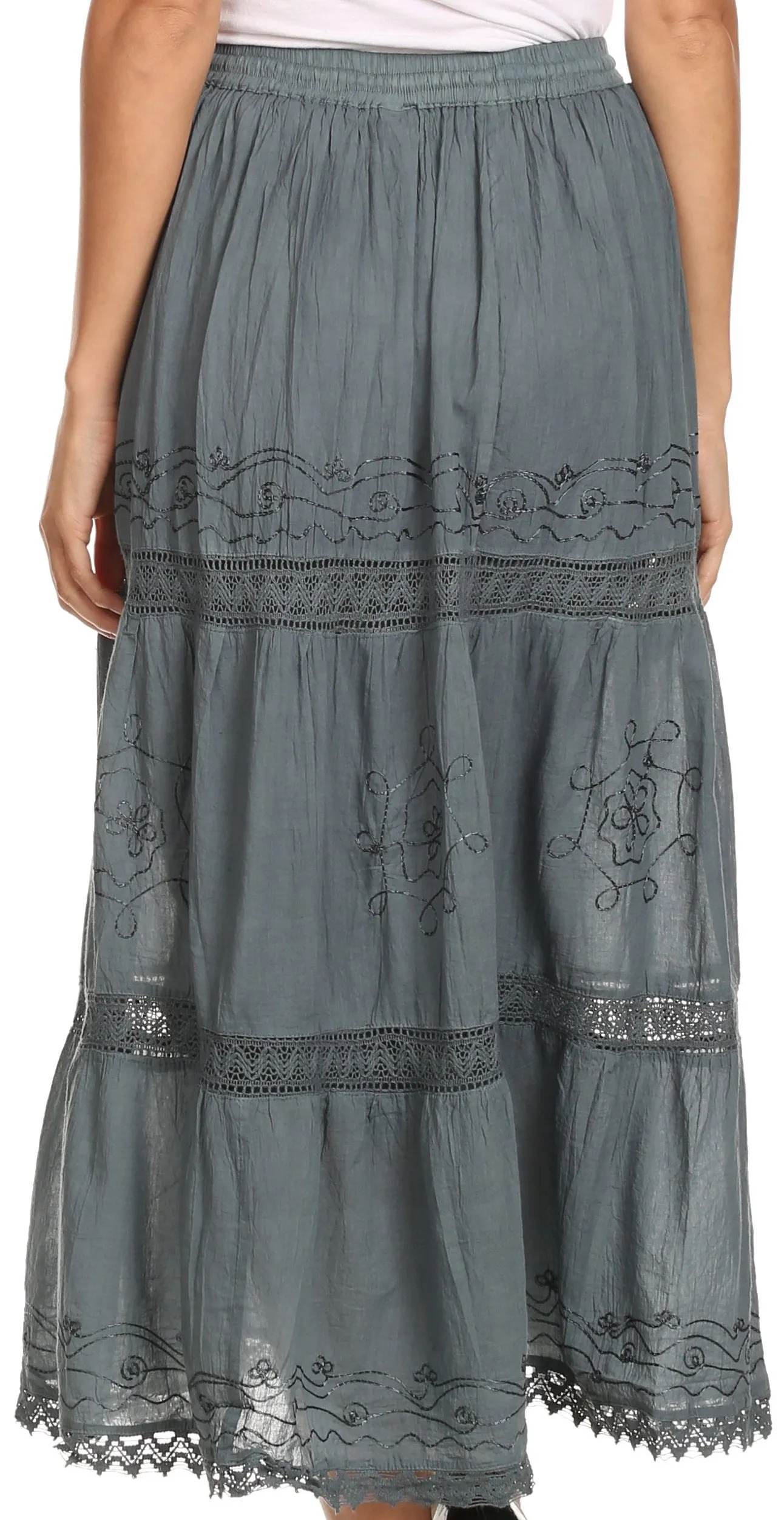 Sakkas Solid Embroidered Gypsy Bohemian Mid Length Cotton Skirt