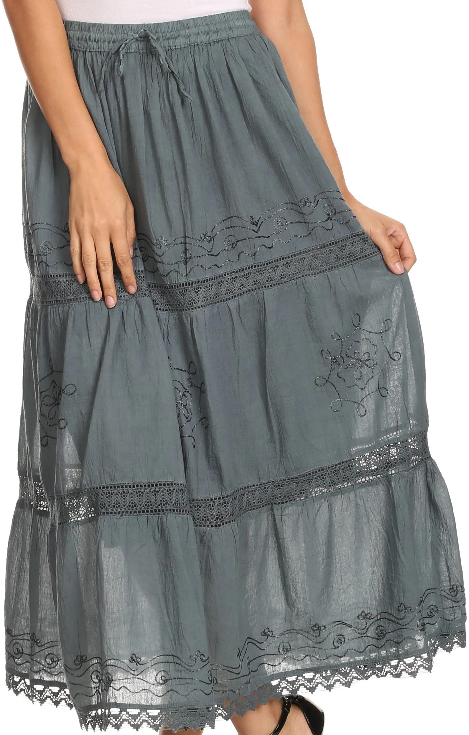 Sakkas Solid Embroidered Gypsy Bohemian Mid Length Cotton Skirt