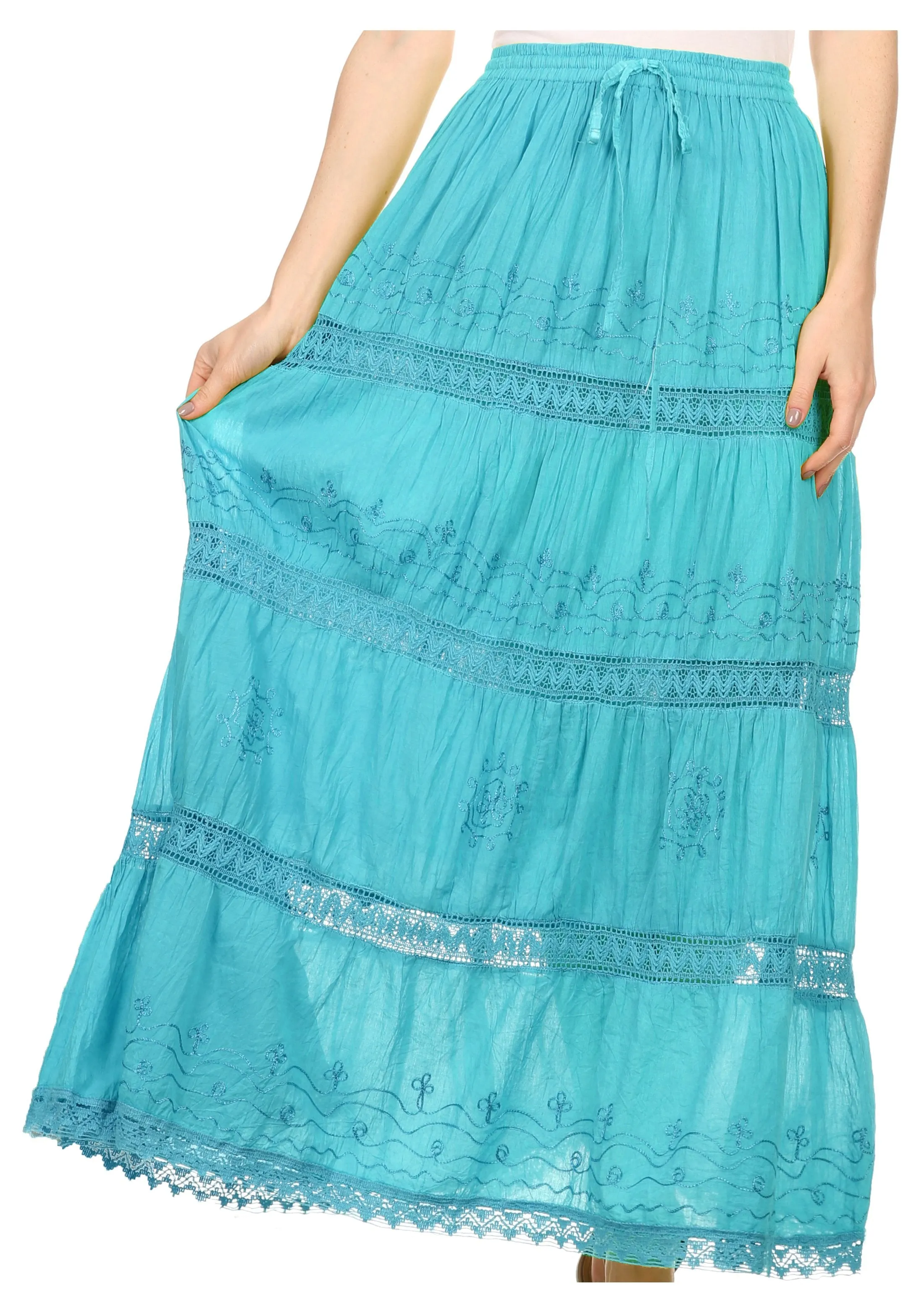 Sakkas Solid Embroidered Gypsy Bohemian Mid Length Cotton Skirt