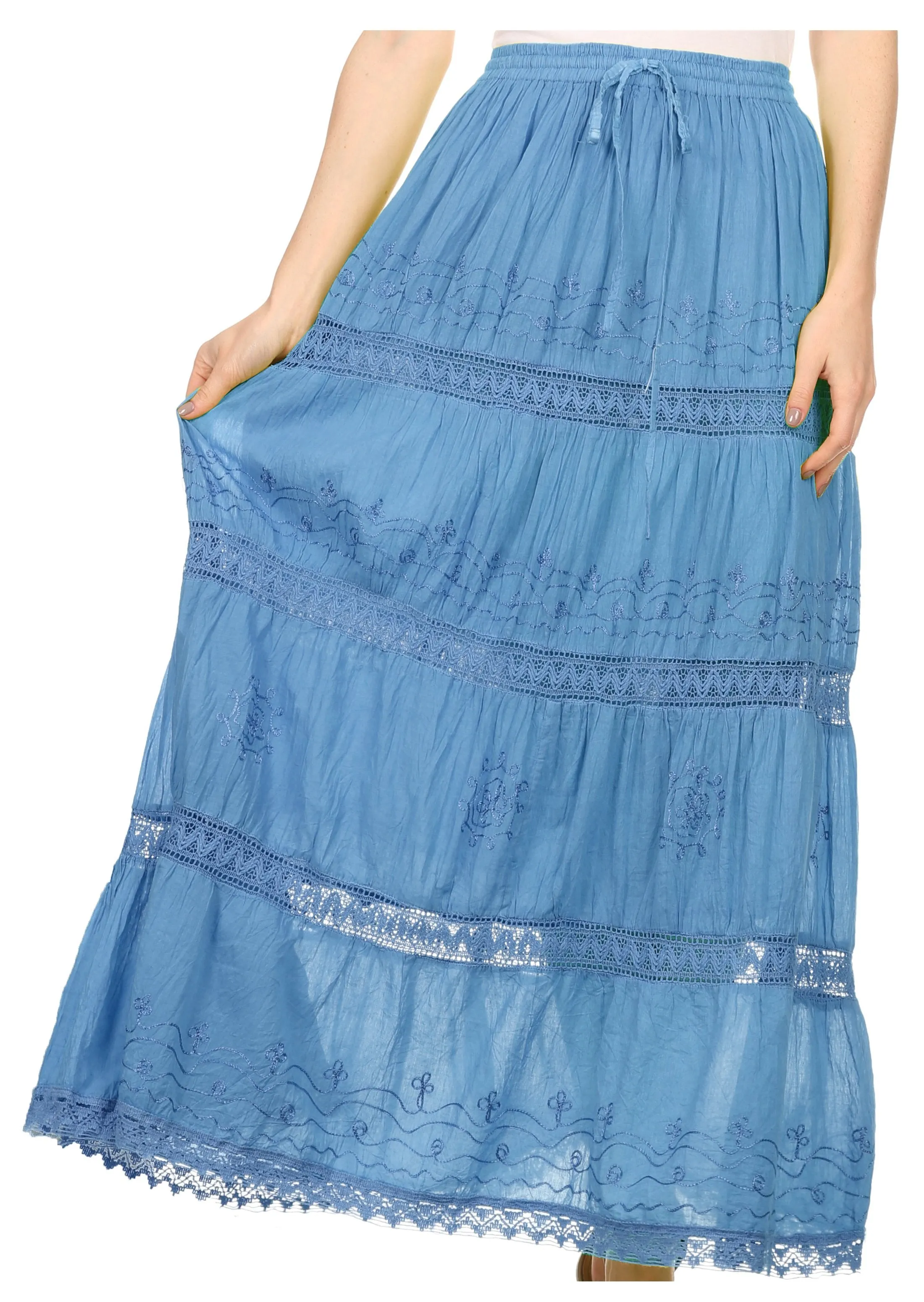 Sakkas Solid Embroidered Gypsy Bohemian Mid Length Cotton Skirt