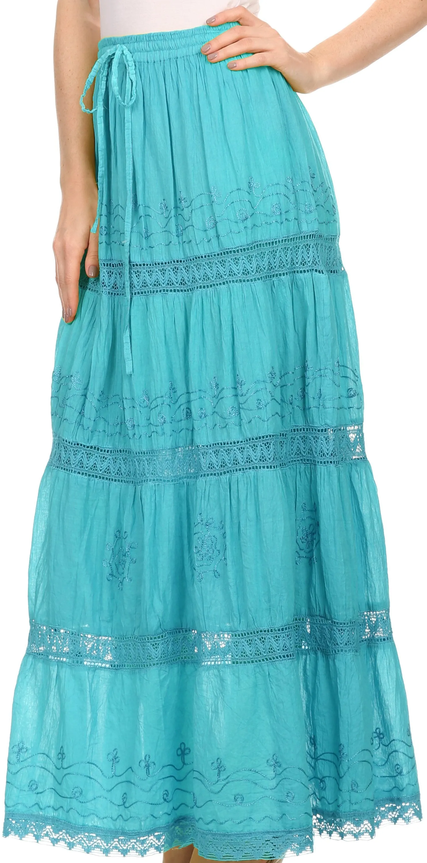 Sakkas Solid Embroidered Gypsy Bohemian Mid Length Cotton Skirt