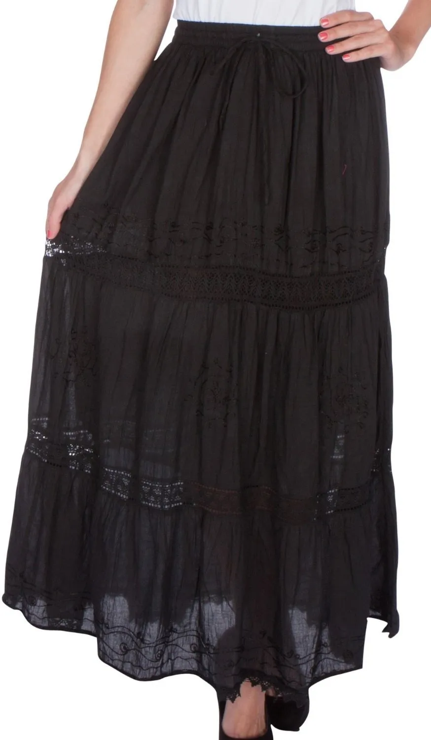 Sakkas Solid Embroidered Gypsy Bohemian Mid Length Cotton Skirt