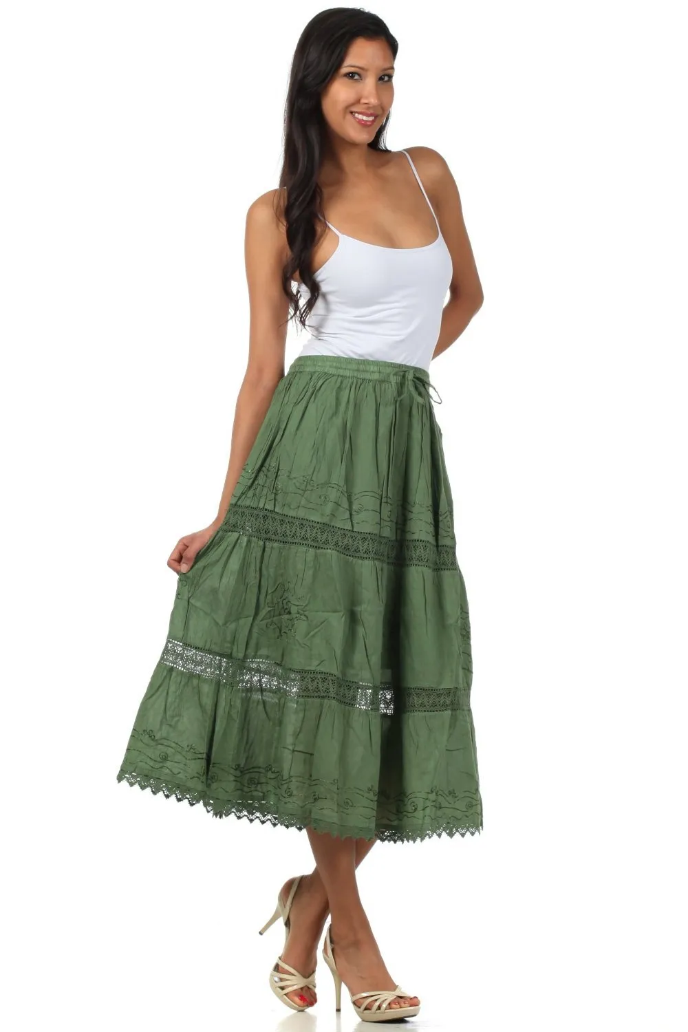 Sakkas Solid Embroidered Gypsy Bohemian Mid Length Cotton Skirt