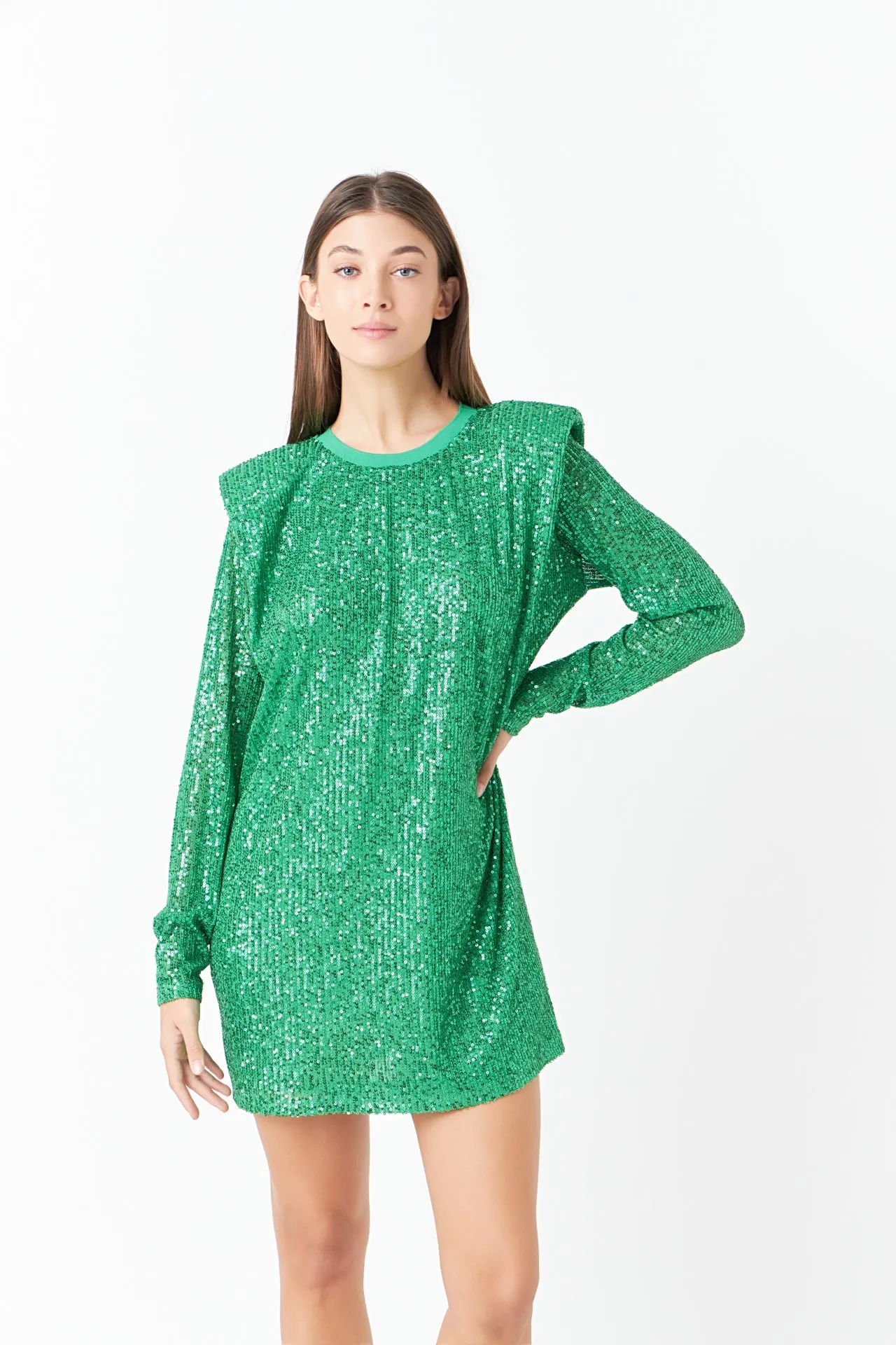 Sequins Long Sleeve Shift Mini Dress