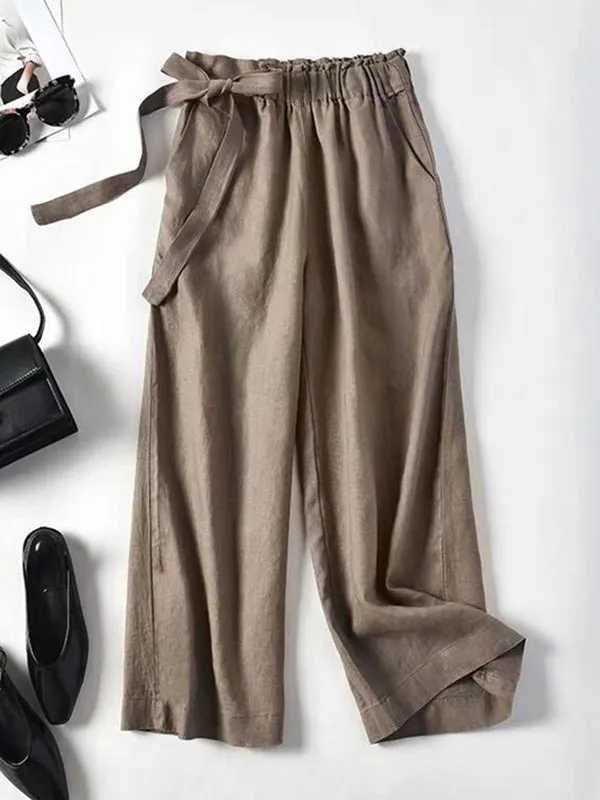 Simple Ramie Cotton Solid Color Loose Ninth Wide-Leg Pants