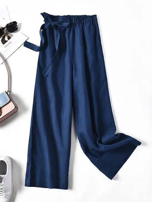 Simple Ramie Cotton Solid Color Loose Ninth Wide-Leg Pants