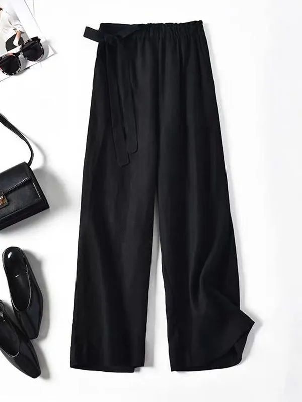 Simple Ramie Cotton Solid Color Loose Ninth Wide-Leg Pants