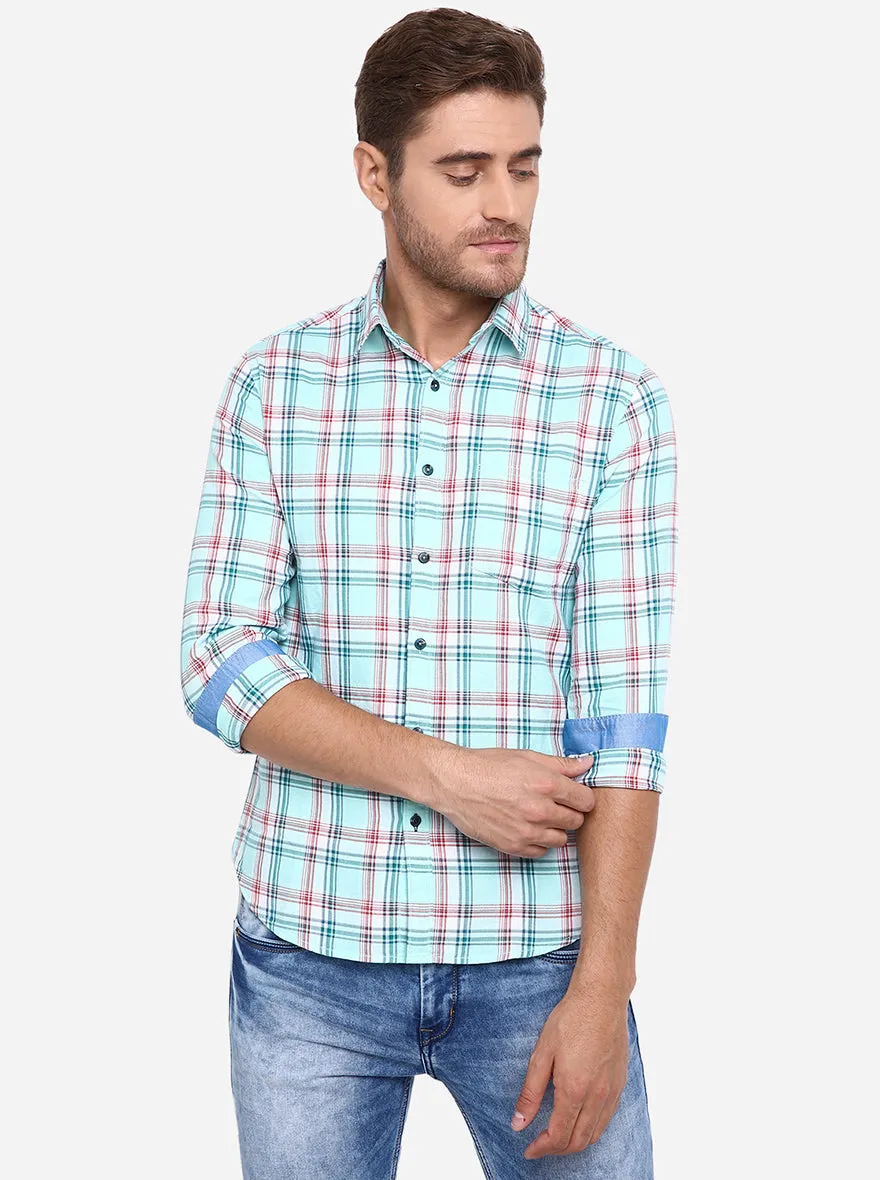 Sky Blue Checked Slim Fit Casual Shirt | Greenfibre