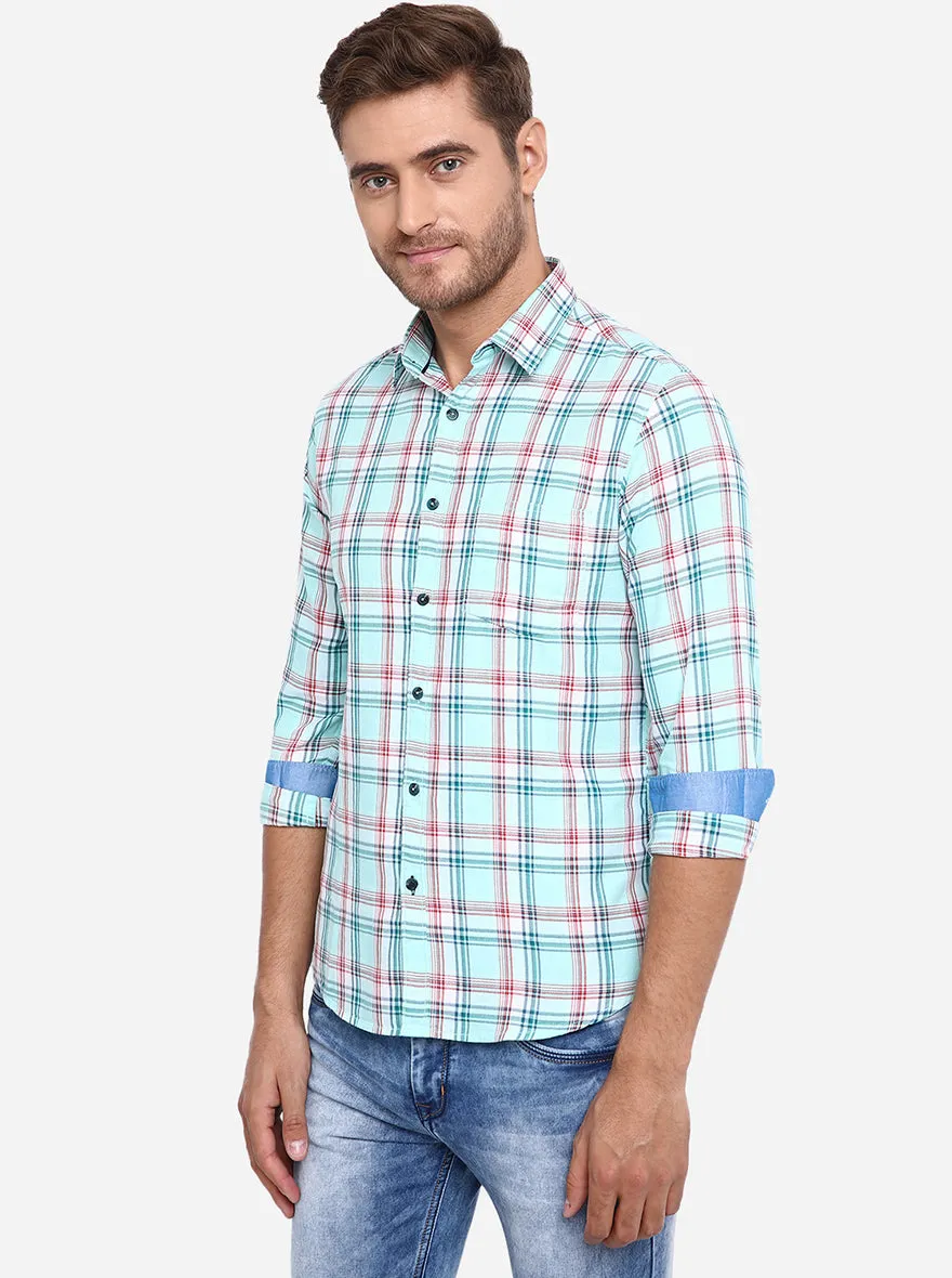 Sky Blue Checked Slim Fit Casual Shirt | Greenfibre