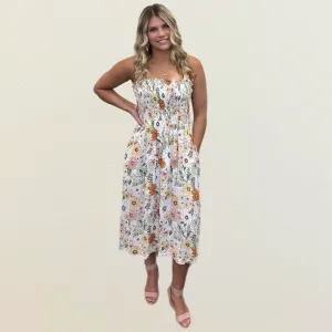 Smocked Floral A Line Midi Dress