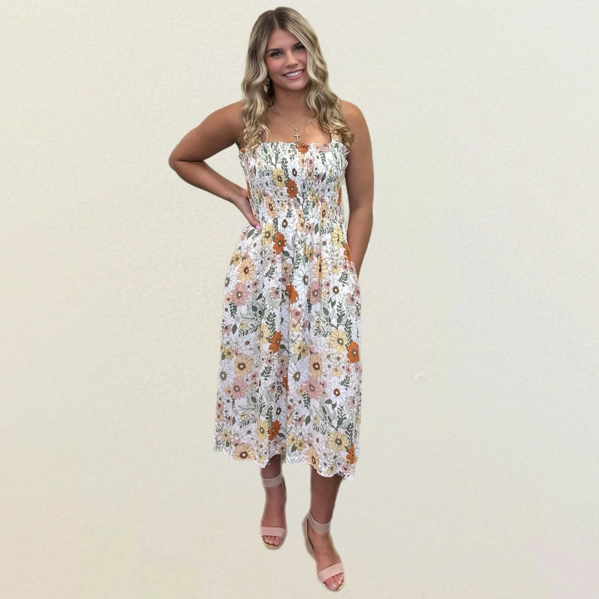 Smocked Floral A Line Midi Dress