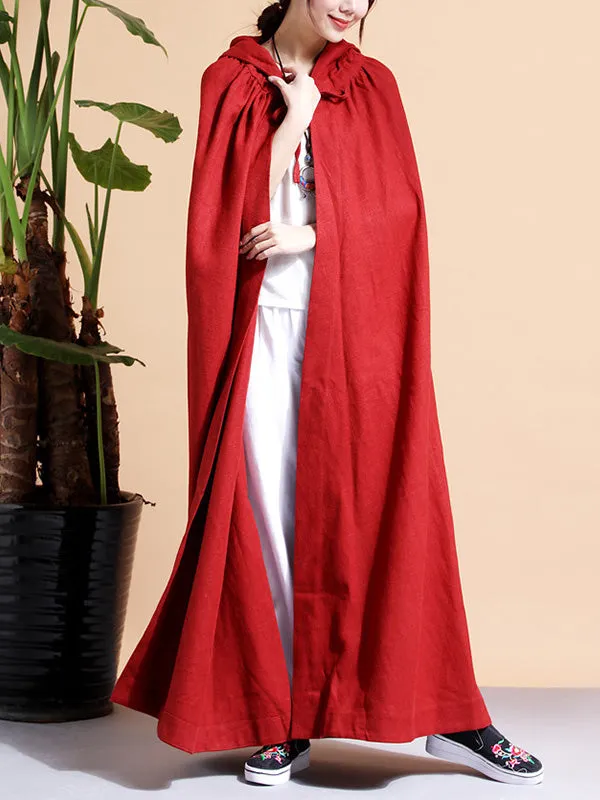 Solid Color Hooded Linen Cape Coat