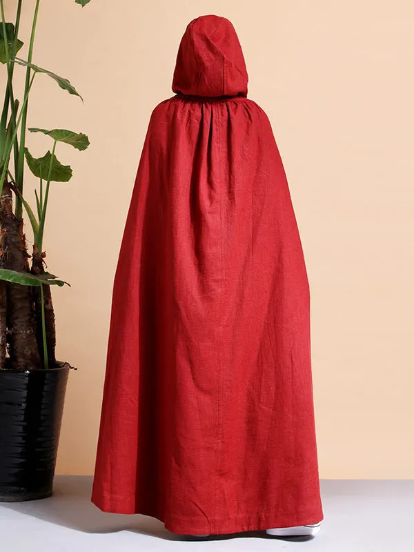 Solid Color Hooded Linen Cape Coat