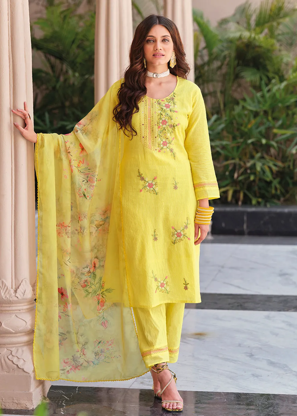 Superior Yellow Cotton Khatli Hand Work Casual Salwar Suit