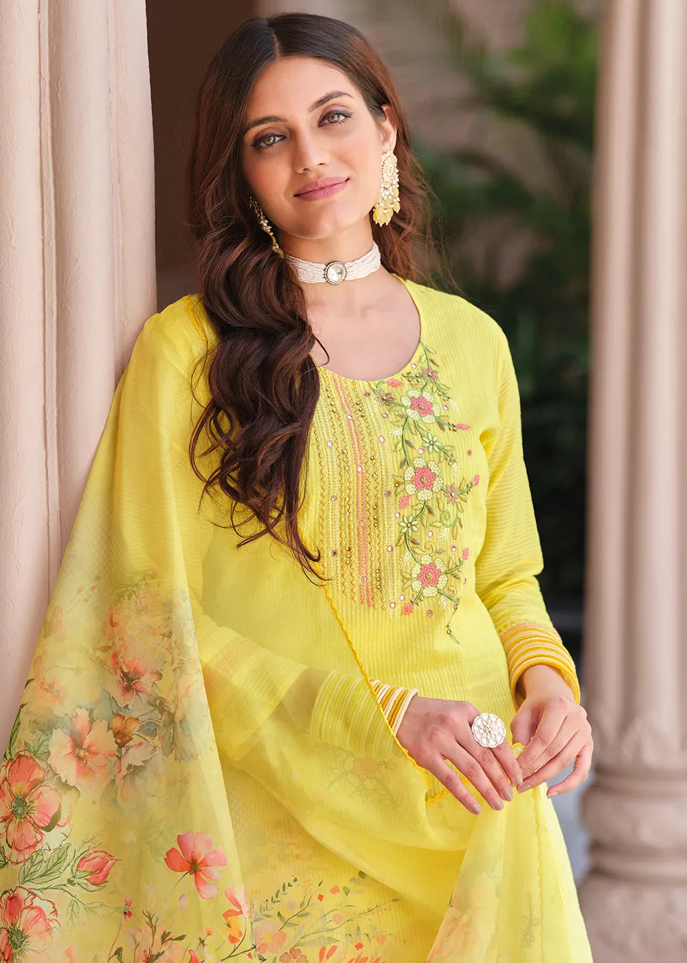 Superior Yellow Cotton Khatli Hand Work Casual Salwar Suit