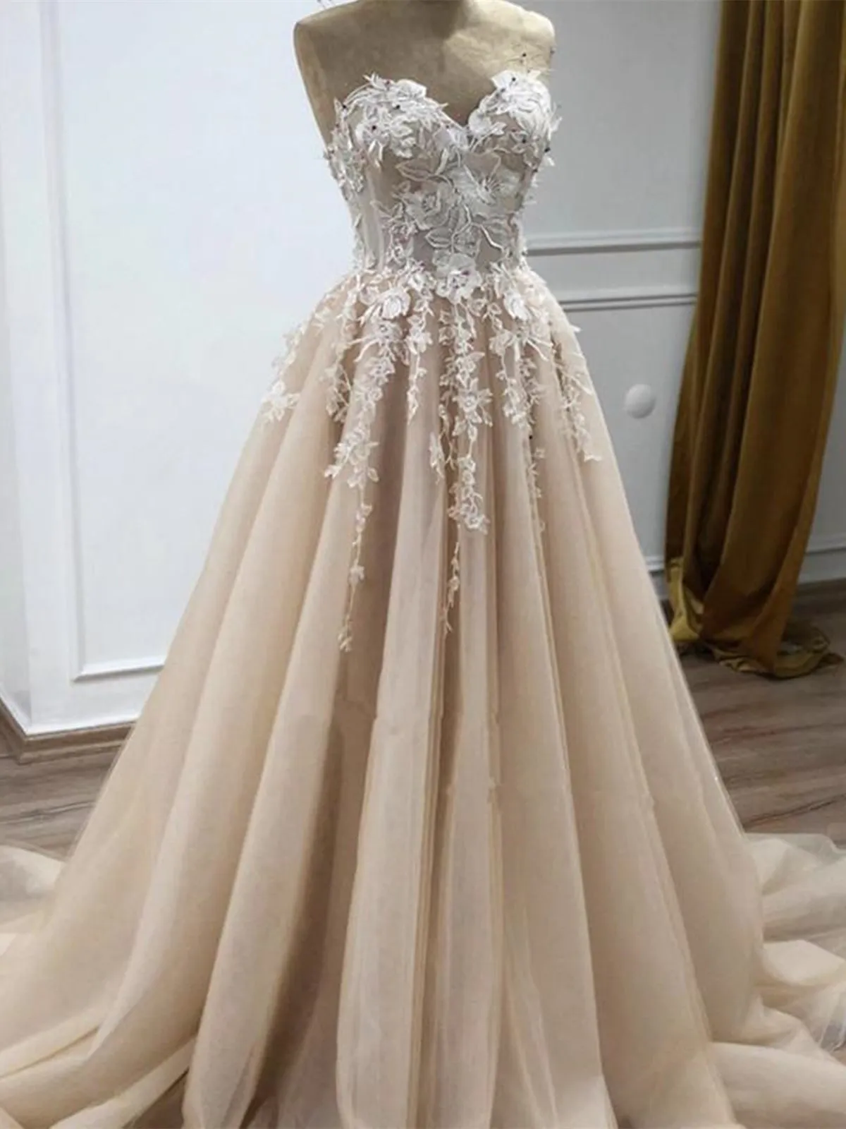 Sweetheart Neck Champagne Lace Floral Long Prom Dresses, Strapless Champagne Lace Formal Evening Dresses