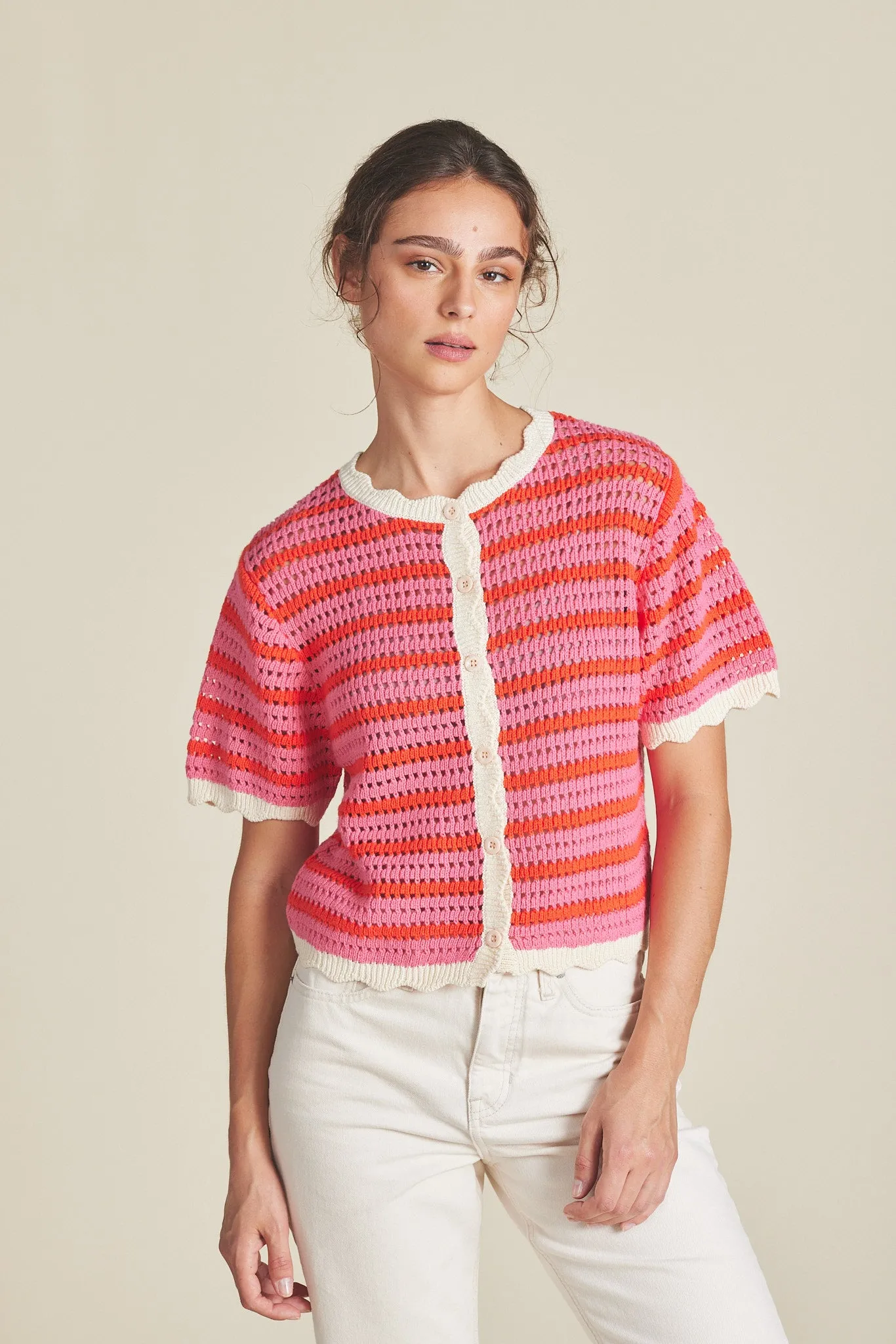 Trovata - Lou S/S Knit Cardigan in Pink/Red Stripe