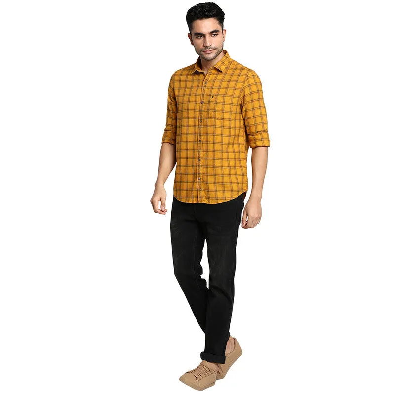 Turtle Men Cotton Yellow Slim Fit Checked Casual Shirts