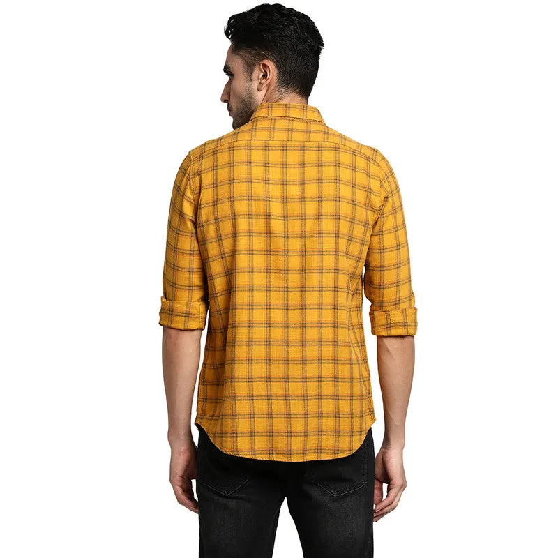 Turtle Men Cotton Yellow Slim Fit Checked Casual Shirts