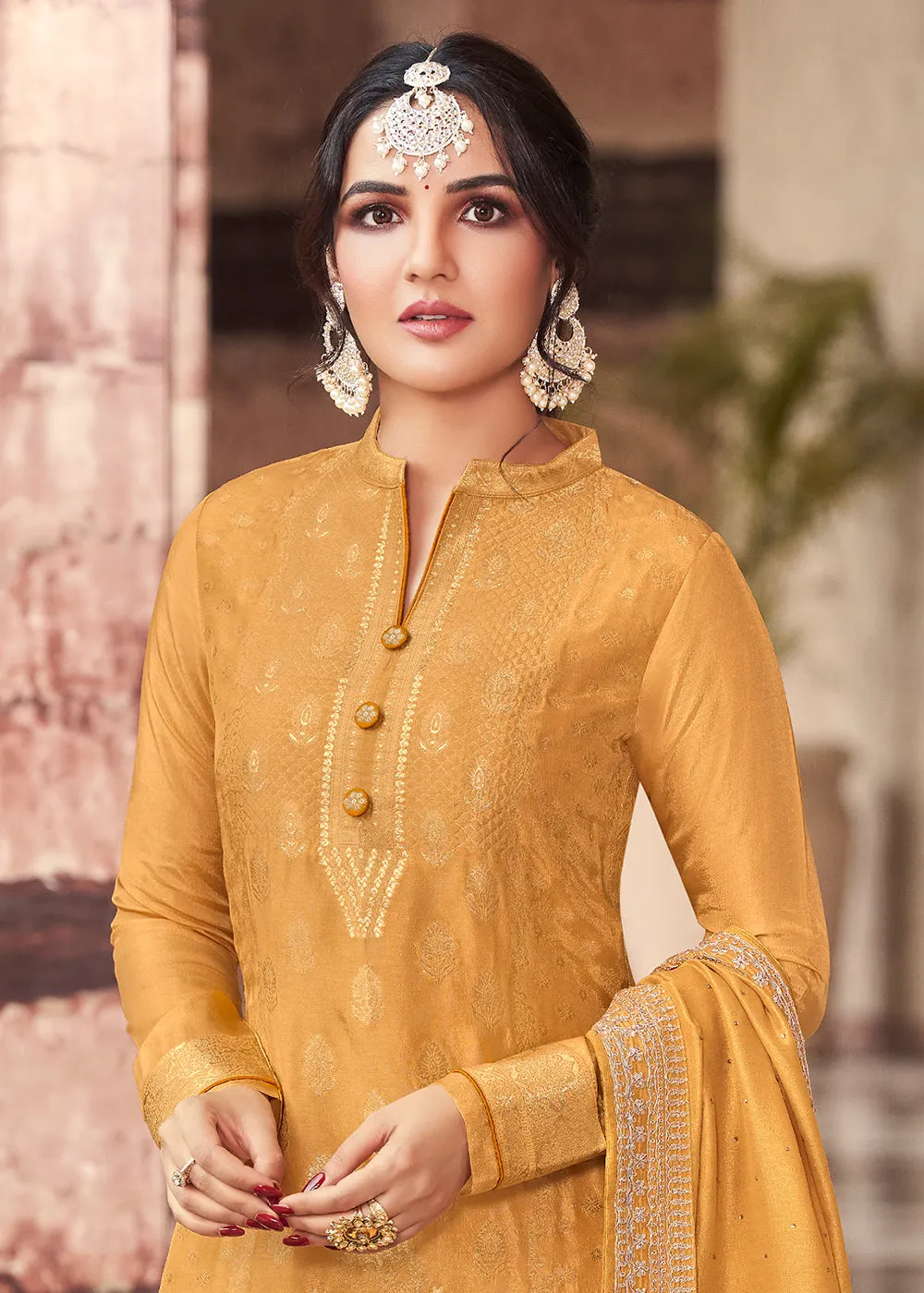 Vibrant Mustard Dola Silk Jacquard Festival Salwar Kameez