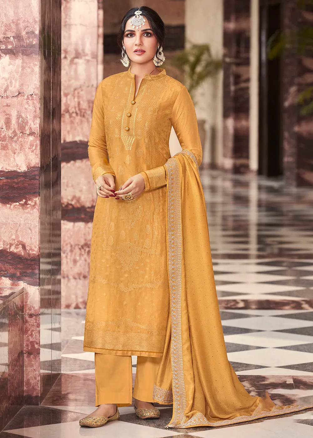 Vibrant Mustard Dola Silk Jacquard Festival Salwar Kameez