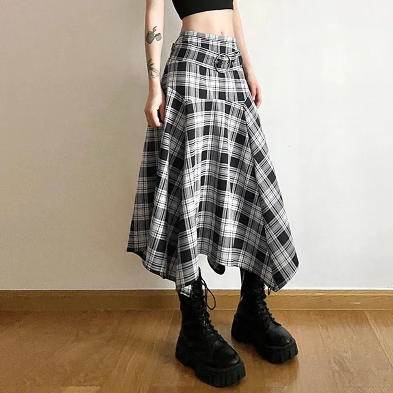 Vintage Fashion Belt Asymmetrical Plaid Skirt Female Harajuku A-Line Stitch Midi Skirt Autumn Elegant Clothes Korean