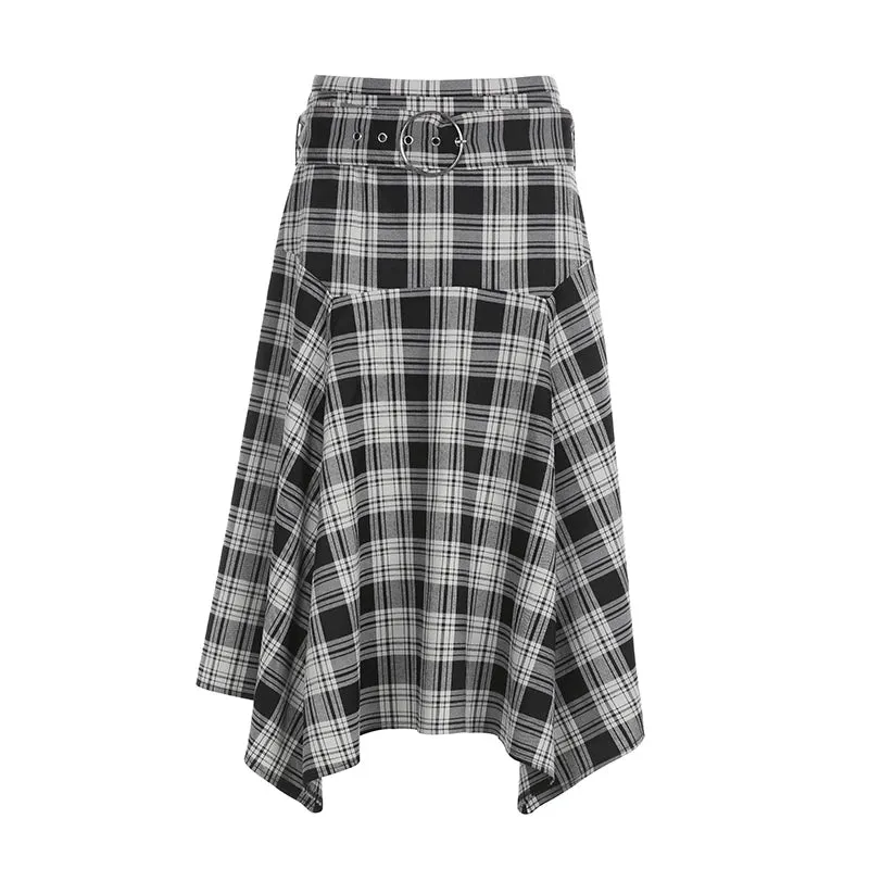 Vintage Fashion Belt Asymmetrical Plaid Skirt Female Harajuku A-Line Stitch Midi Skirt Autumn Elegant Clothes Korean