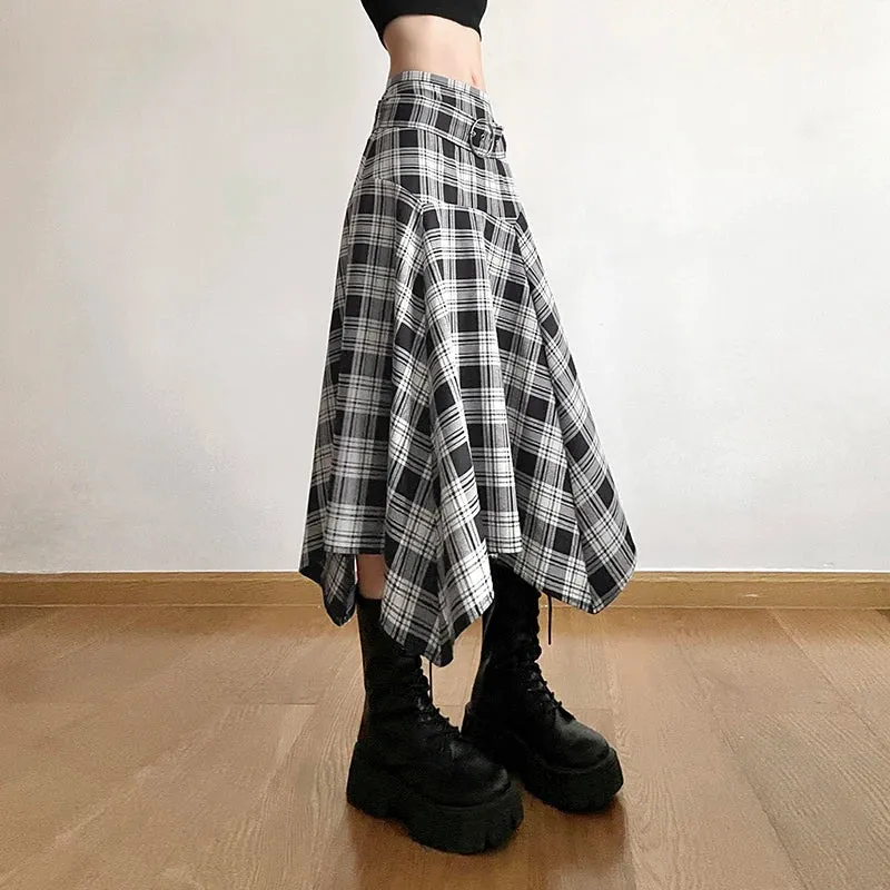 Vintage Fashion Belt Asymmetrical Plaid Skirt Female Harajuku A-Line Stitch Midi Skirt Autumn Elegant Clothes Korean