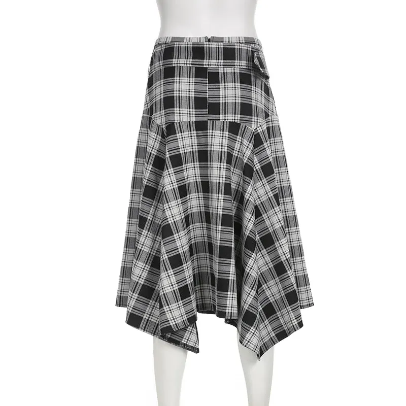 Vintage Fashion Belt Asymmetrical Plaid Skirt Female Harajuku A-Line Stitch Midi Skirt Autumn Elegant Clothes Korean