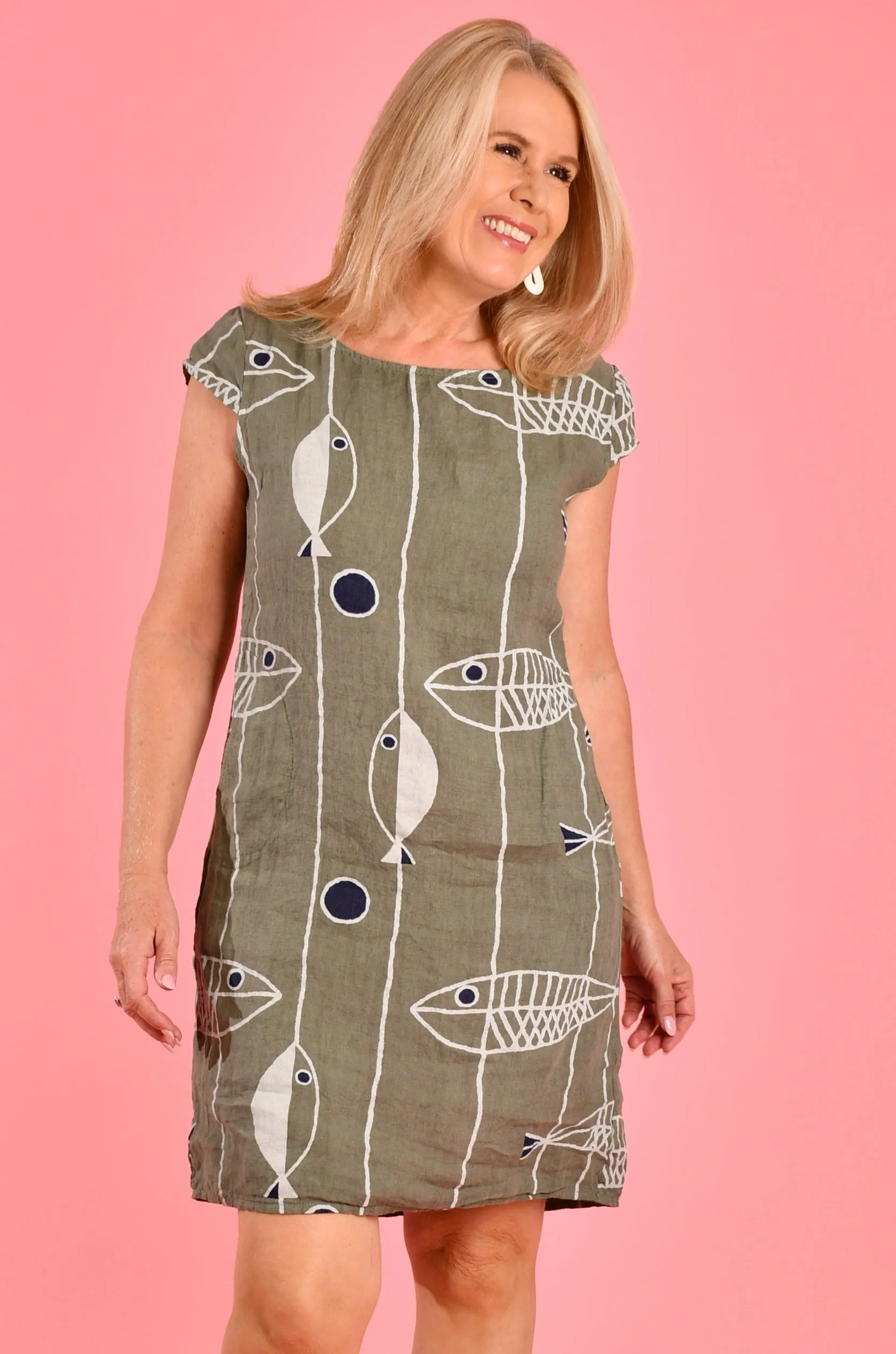 VLSD074 (776) - EMILIA SHIFT DRESS - KHAKI FISH