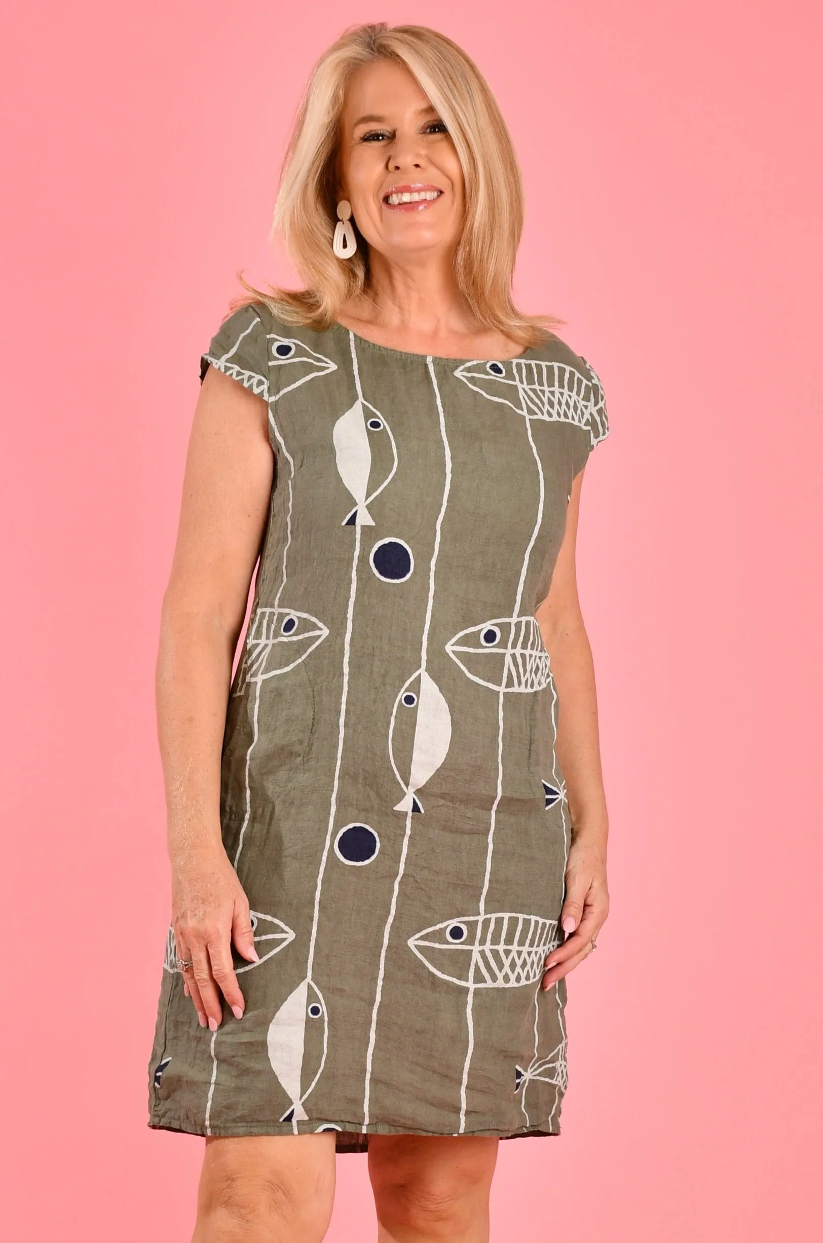 VLSD074 (776) - EMILIA SHIFT DRESS - KHAKI FISH