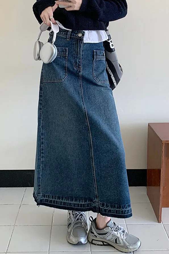 Washed denim high-waisted multi-pocket A-line skirt