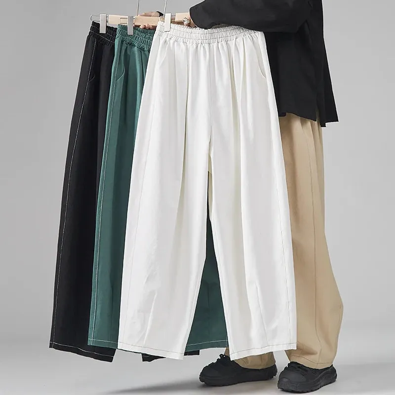 Wiaofellas  -  Men's Loose Casual Wide Leg Pants Fashion Elastic Waist Pure Cotton Solid Color Pants Straight Baggy Wide Leg Pants 5XL