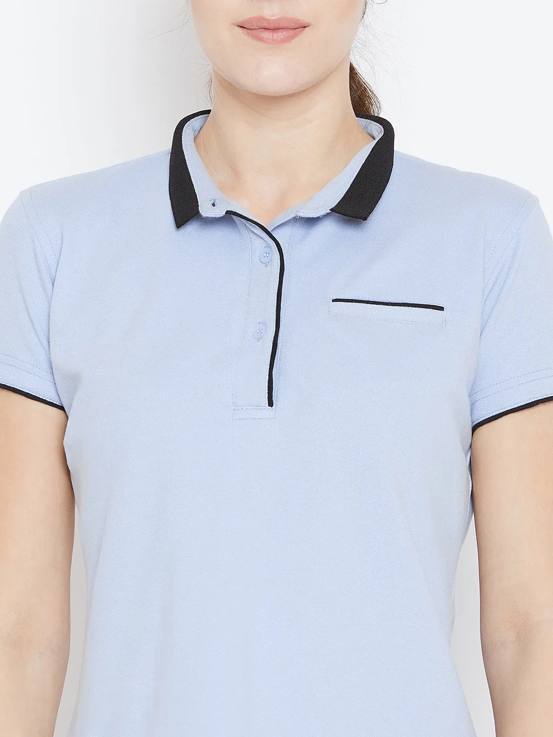 Women Blue Solid Casual Polo T-shirts