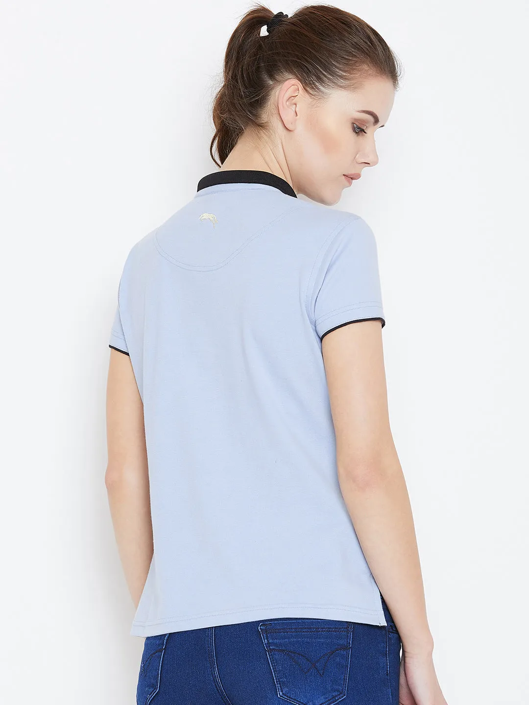 Women Blue Solid Casual Polo T-shirts