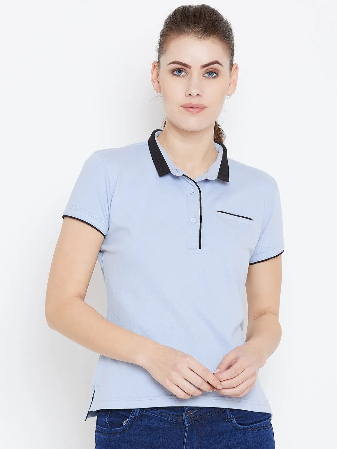 Women Blue Solid Casual Polo T-shirts