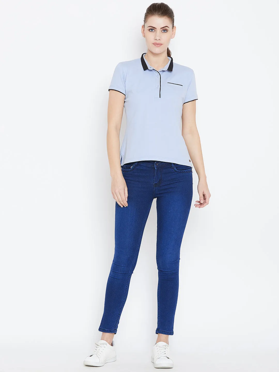 Women Blue Solid Casual Polo T-shirts