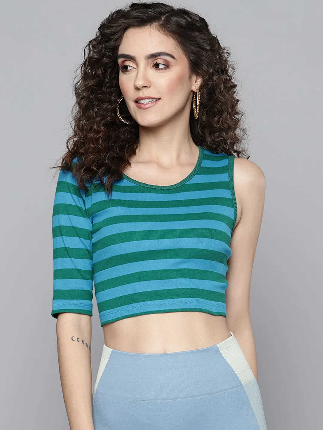 Women Green & Blue Rib One Side Sleeve Crop Top