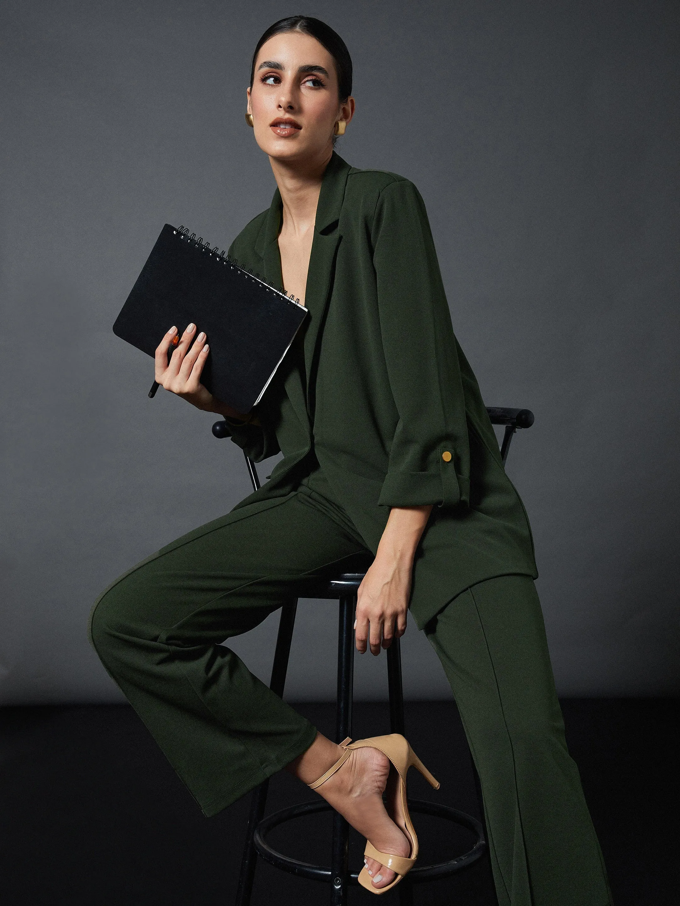 Women Olive Longline Blazer With Darted Pants