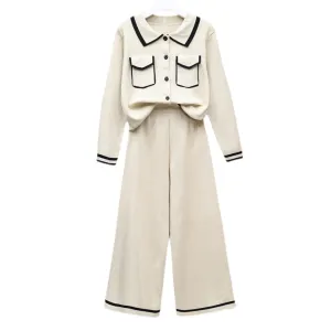 Women’s Classy Contrast Wide Pants 2 PCS 2024 Spring Suit White Apricot, True Black Size S, M, L