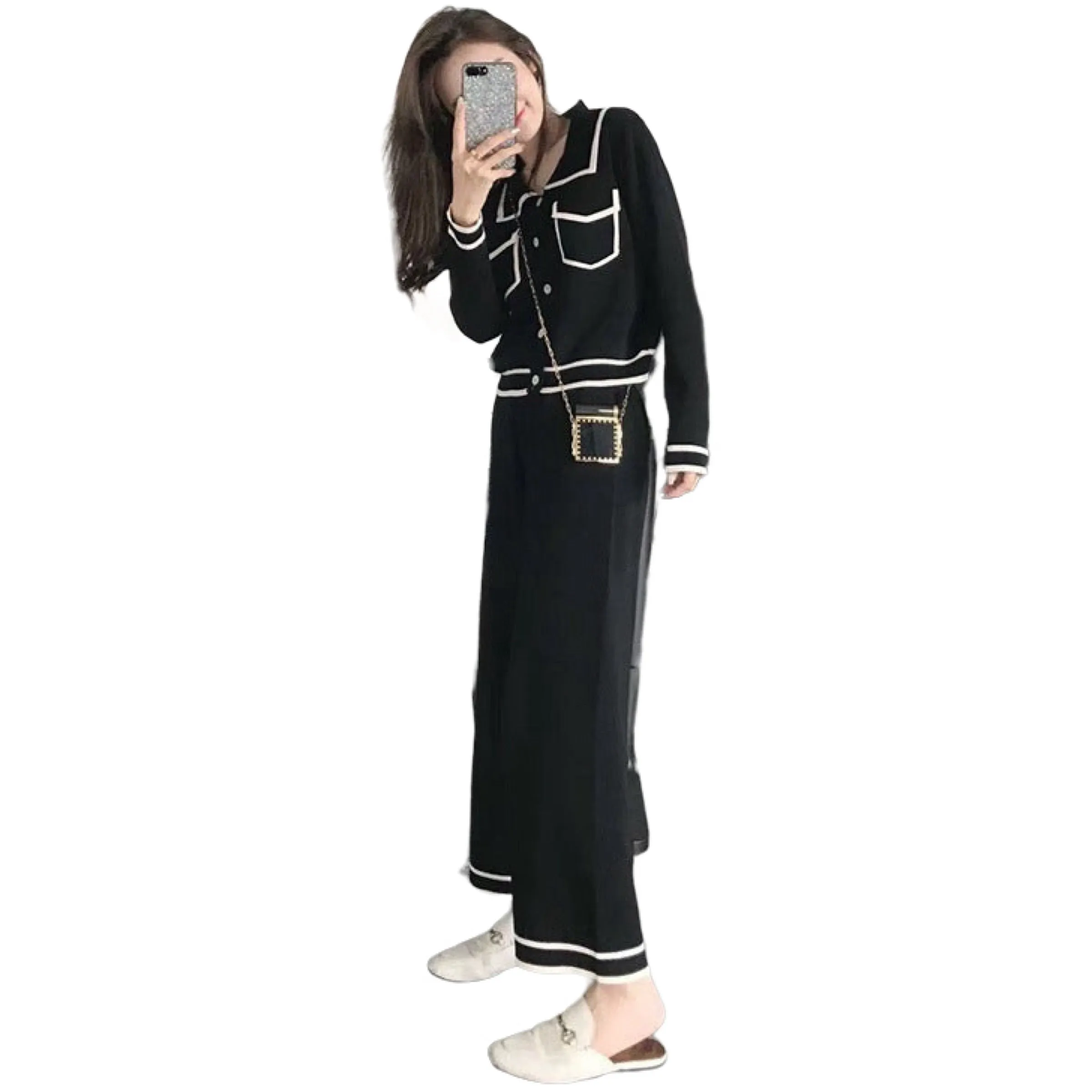 Women’s Classy Contrast Wide Pants 2 PCS 2024 Spring Suit White Apricot, True Black Size S, M, L