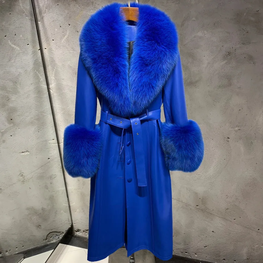 Women's Sheepskin Leather & Fox Fur Trench Coat